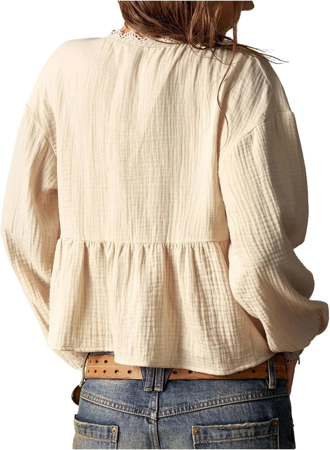 بلوز زنانه یقه هفت باز توری، دکمه دار، آستین بلند و شیک