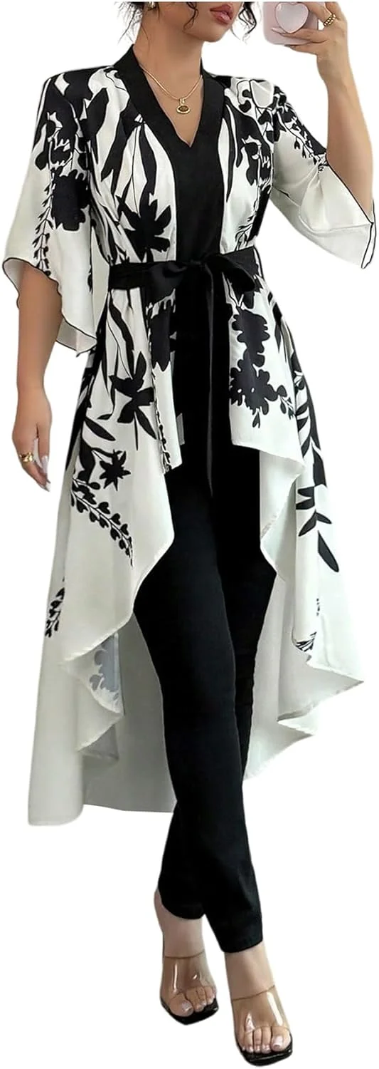 بلوز زنانه GORGLITTER طرح گلدار، نامتقارن، یقه هفت، آستین کوتاه و کمربند دار، شیک و مد روز