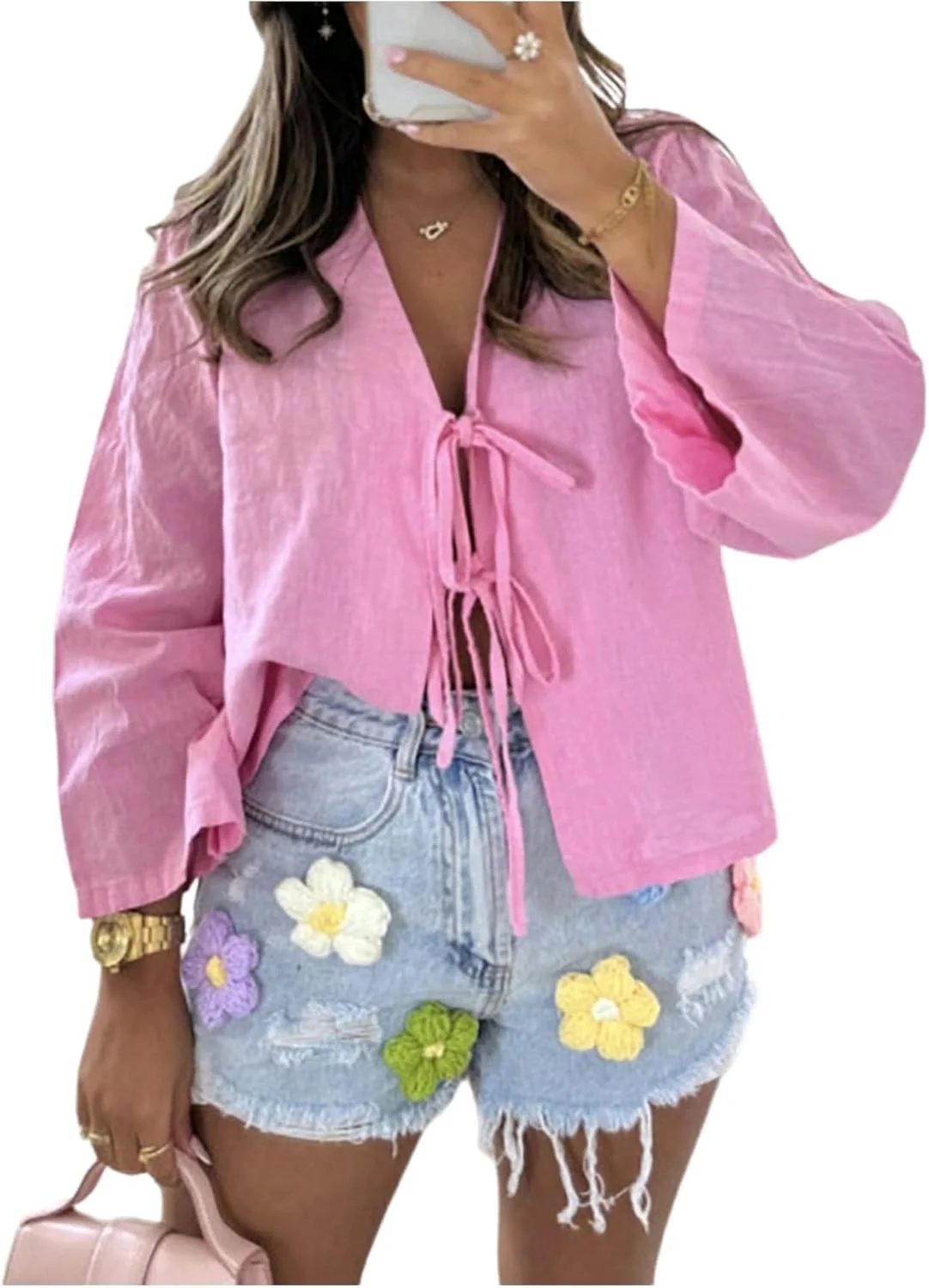 بلوز زنانه GORGLITTER یقه هفت باز با پاپیون، آستین بلند، مدل آزاد و غیر رسمی