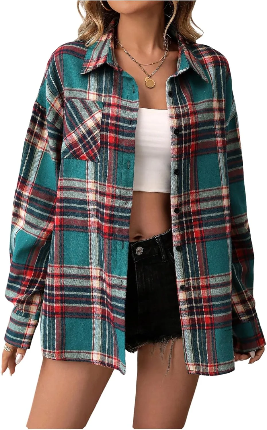 GORGLITTER پیراهن زنانه دکمه دار چهارخانه، کت یقه دار آستین بلند، بلوزهای ترندی سایز بزرگ