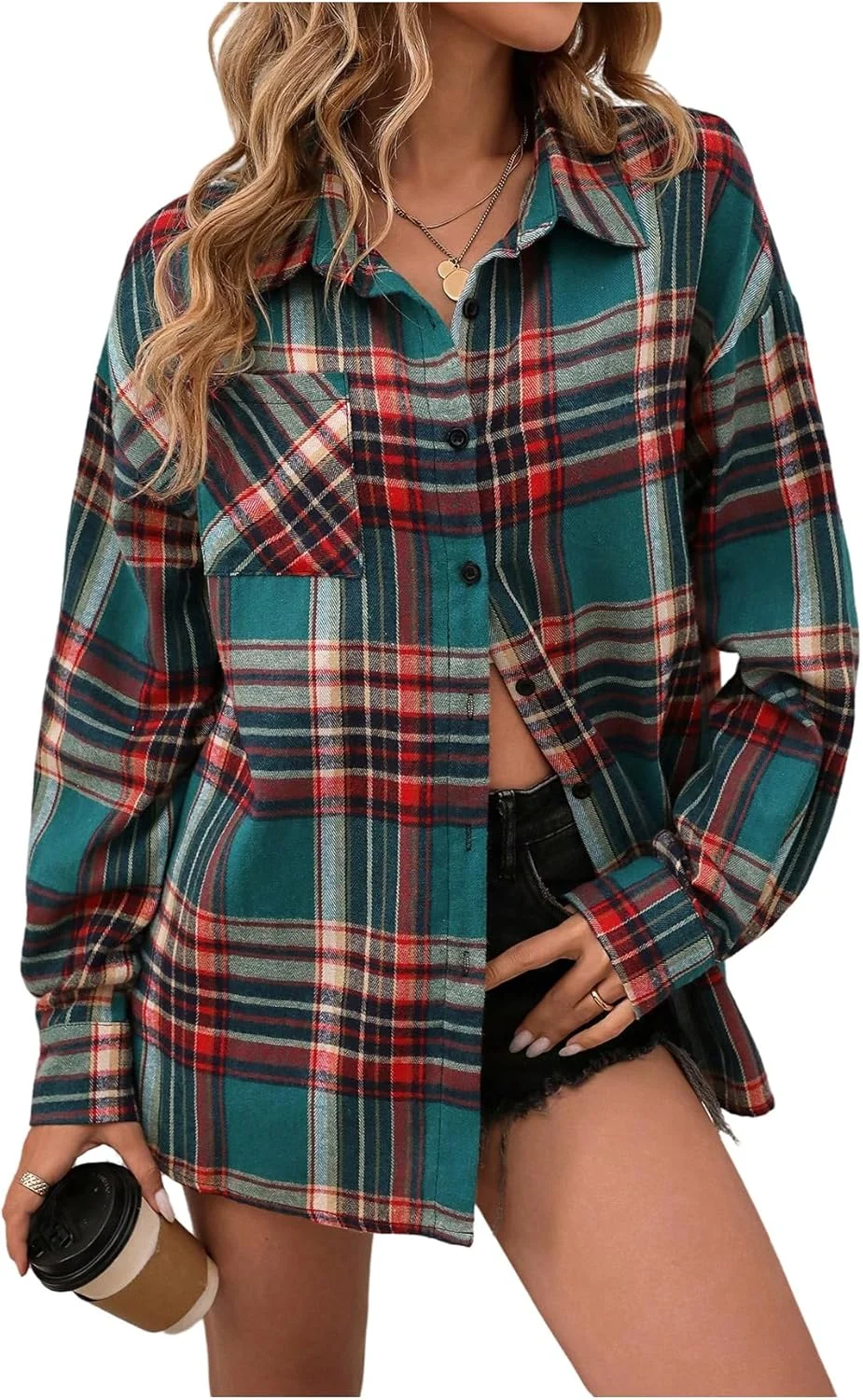 GORGLITTER پیراهن زنانه دکمه دار چهارخانه، کت یقه دار آستین بلند، بلوزهای ترندی سایز بزرگ GORGLITTER پیراهن زنانه دکمه دار چهارخانه، کت یقه دار آستین بلند، بلوزهای ترندی سایز بزرگ