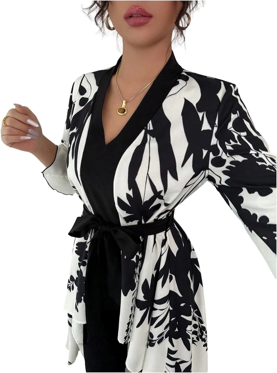 بلوز زنانه GORGLITTER طرح گلدار، نامتقارن، یقه هفت، آستین کوتاه و کمربند دار، شیک و مد روز