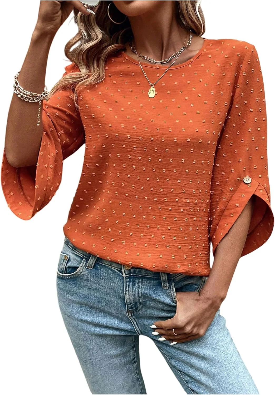 بلوز زنانه گورگلیتر طرح خال خالی، آستین سه ربع، یقه گرد، سرآستین نامتقارن، مناسب استفاده روزمره