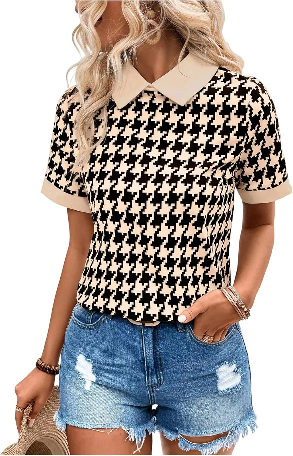 بلوز زنانه طرح Houndstooth یقه دار آستین کوتاه مناسب تابستان