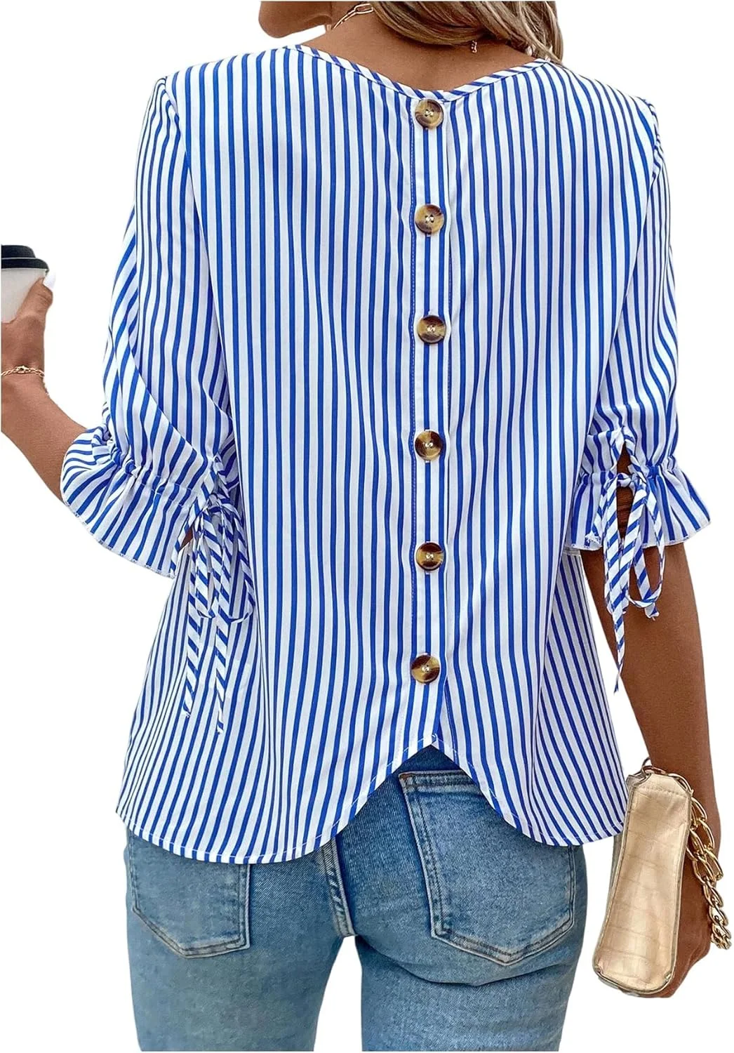 بلوز زنانه گورگلیتر، یقه گرد راه راه، آستین سه ربع، دکمه های نامتقارن تزئینی در پشت