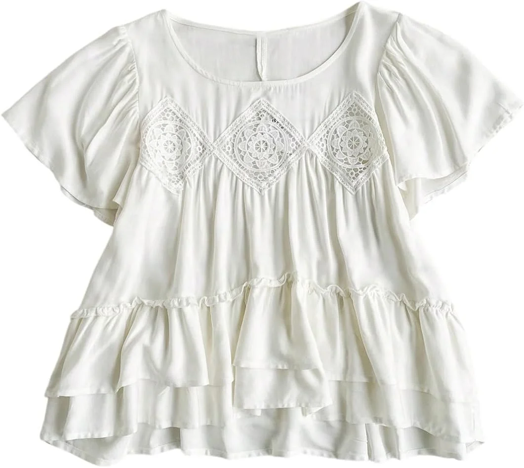 بلوز زنانه GORGLITTER با یقه گرد، آستین کوتاه و طرح توری لایه ای مناسب تعطیلات