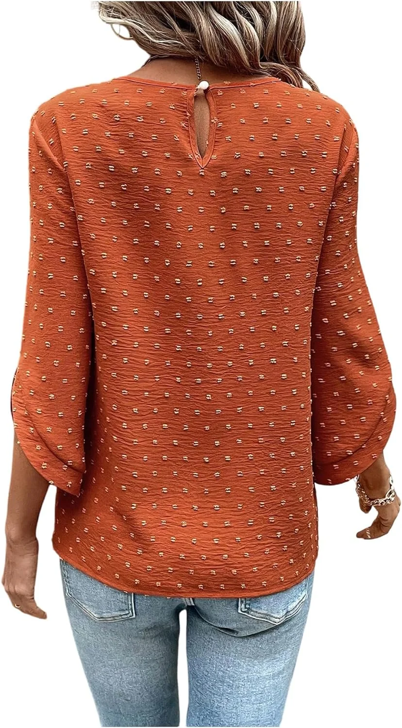بلوز زنانه گورگلیتر طرح خال خالی، آستین سه ربع، یقه گرد، سرآستین نامتقارن، مناسب استفاده روزمره