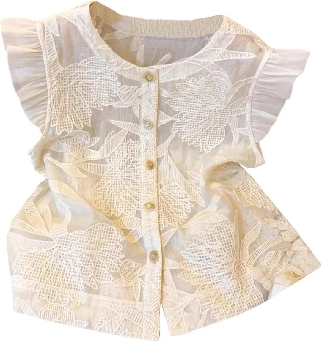 بلوز زنانه GORGLITTER با گلدوزی طرح گل، آستین کلاهی، یقه گرد و دکمه دار