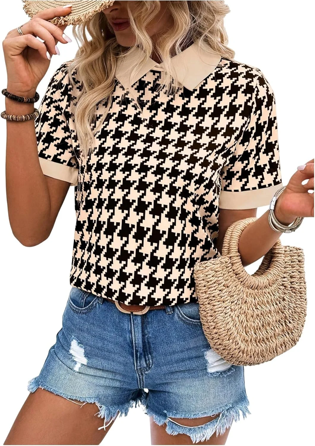 بلوز زنانه طرح Houndstooth یقه دار آستین کوتاه مناسب تابستان