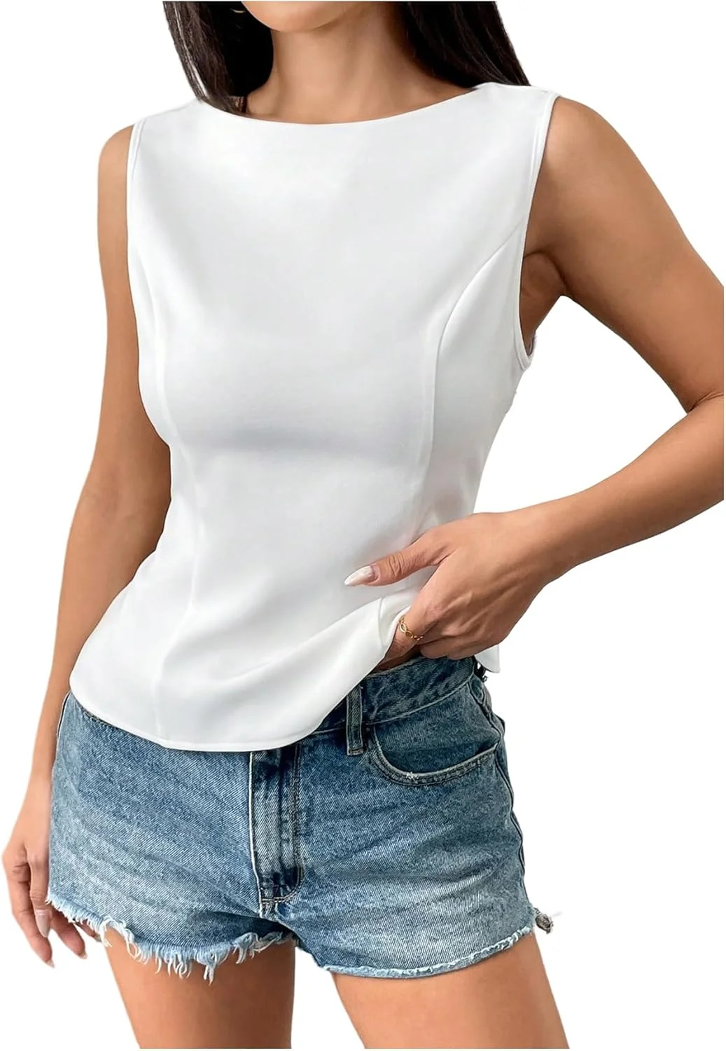 تاپ زنانه GORGLITTER، یقه گرد، بدون آستین، باریک، با گره پاپیونی در پشت