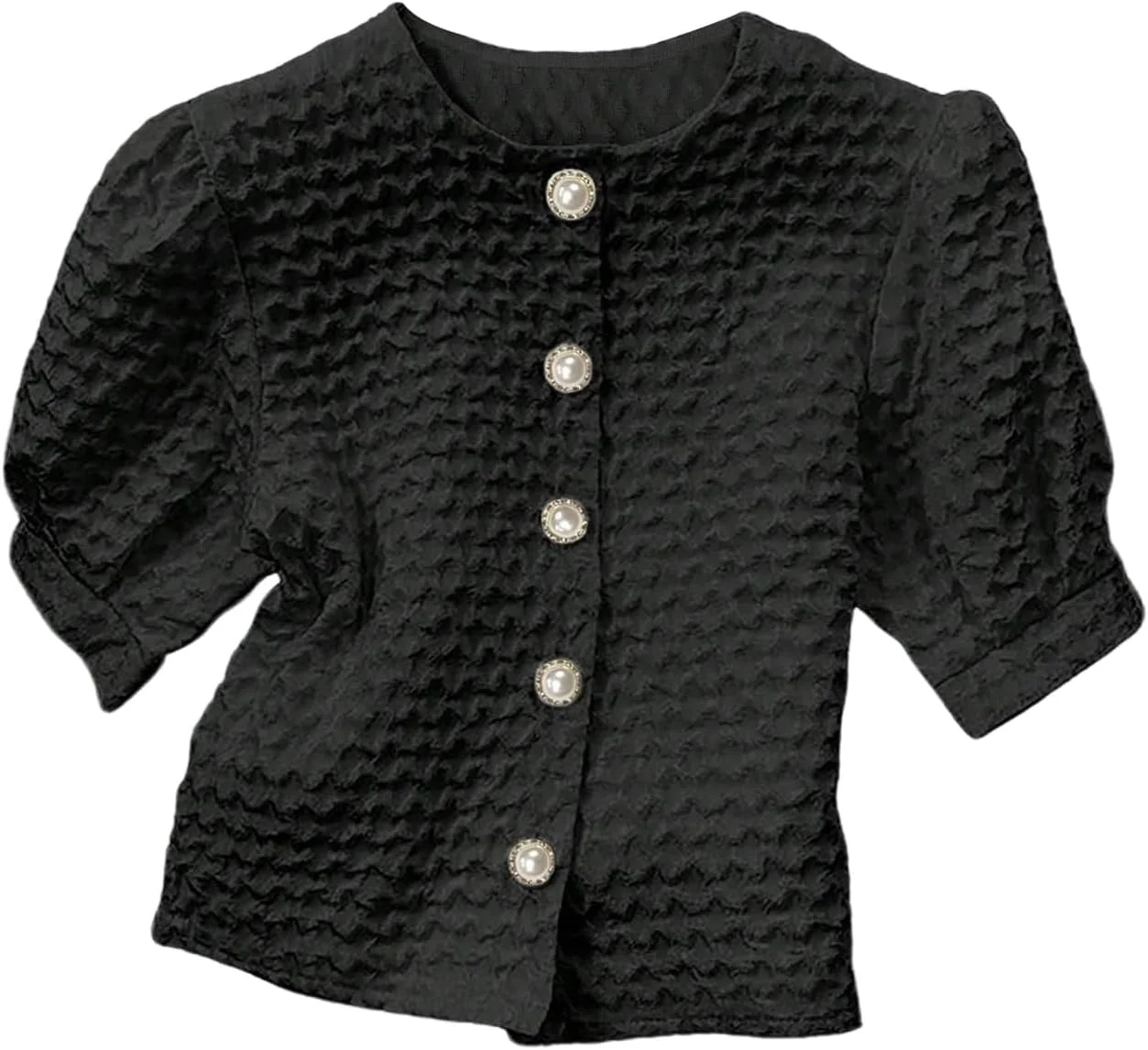 بلوز زنانه GORGLITTER آستین کوتاه پفی دکمه مرواریدی یقه گرد با بافت ظریف و شیک