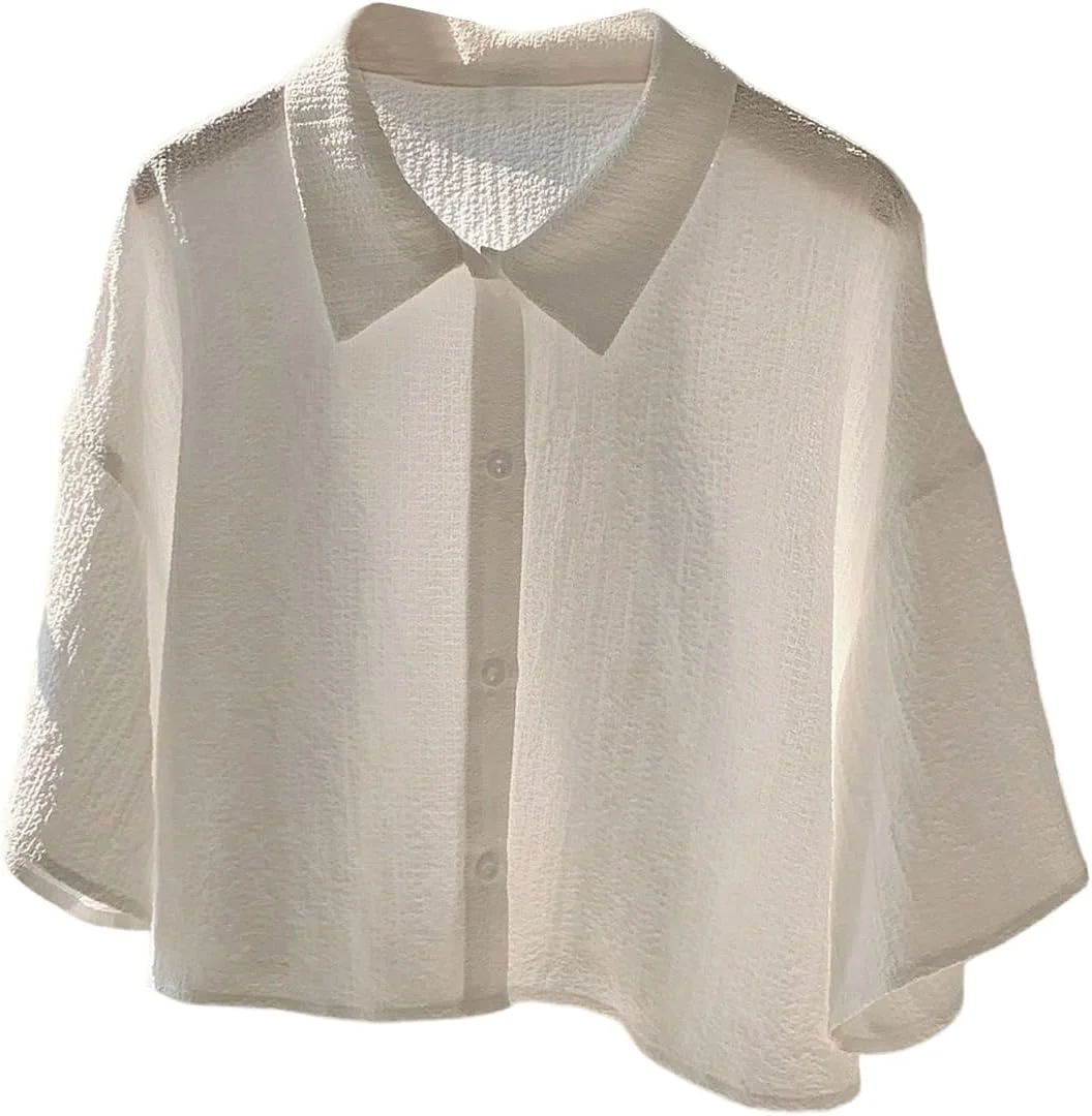 گورگلیتر بلوز آستین کوتاه دکمه دار زنانه، مدل بزرگ، بافت دار، یقه دار و نیم تنه