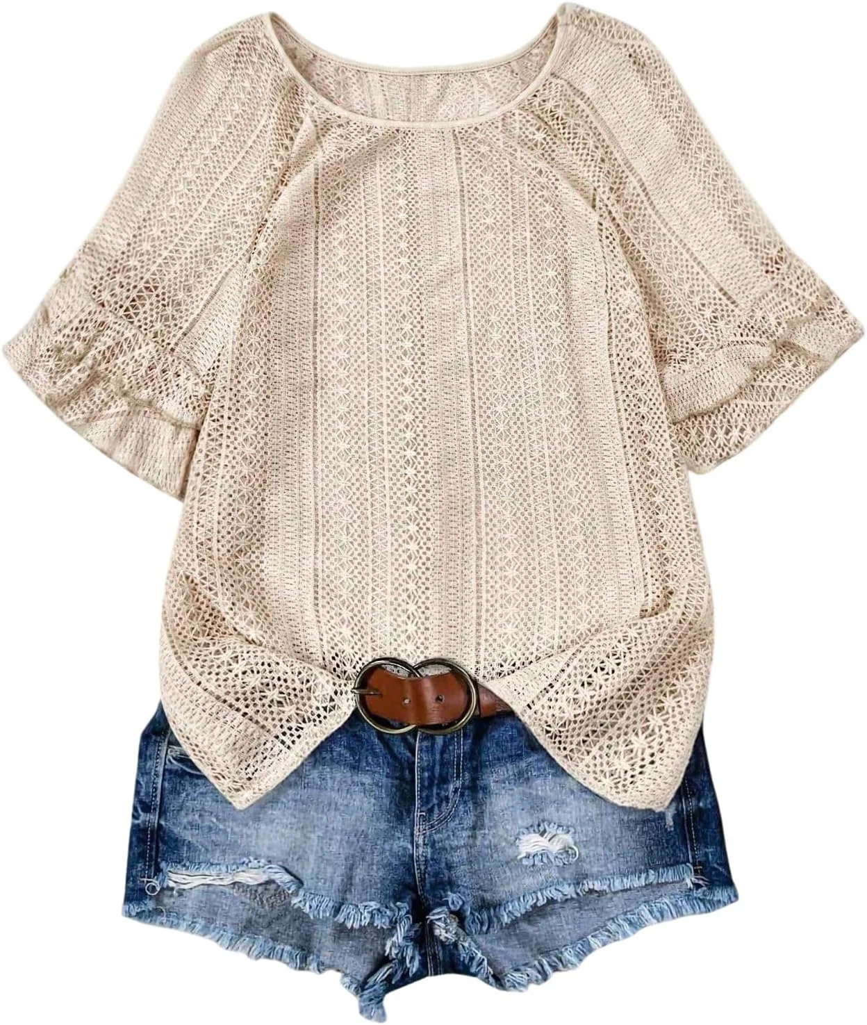 بلوز زنانه قلاب بافی طرح دار GORGLITTER، یقه گرد، آستین کوتاه چین دار، مناسب تعطیلات