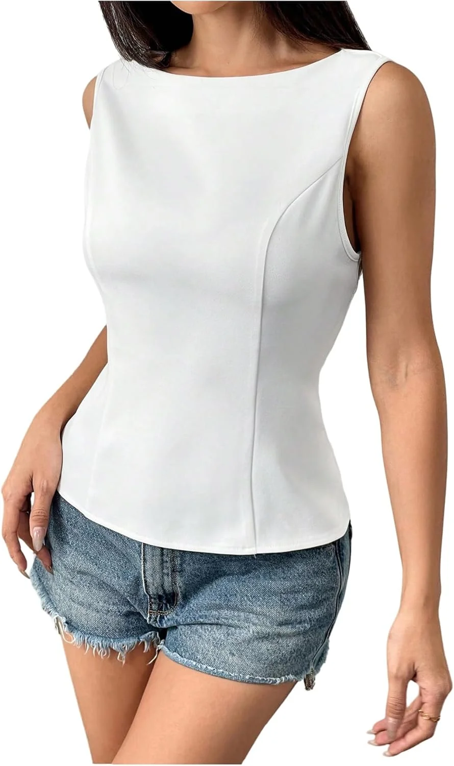 تاپ زنانه GORGLITTER، یقه گرد، بدون آستین، باریک، با گره پاپیونی در پشت