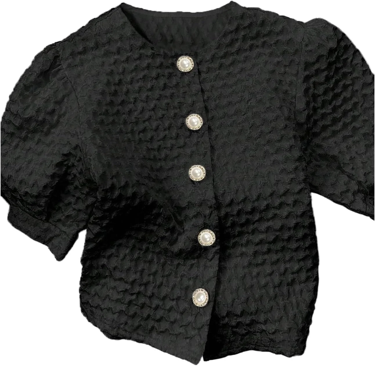 بلوز زنانه GORGLITTER آستین کوتاه پفی دکمه مرواریدی یقه گرد با بافت ظریف و شیک