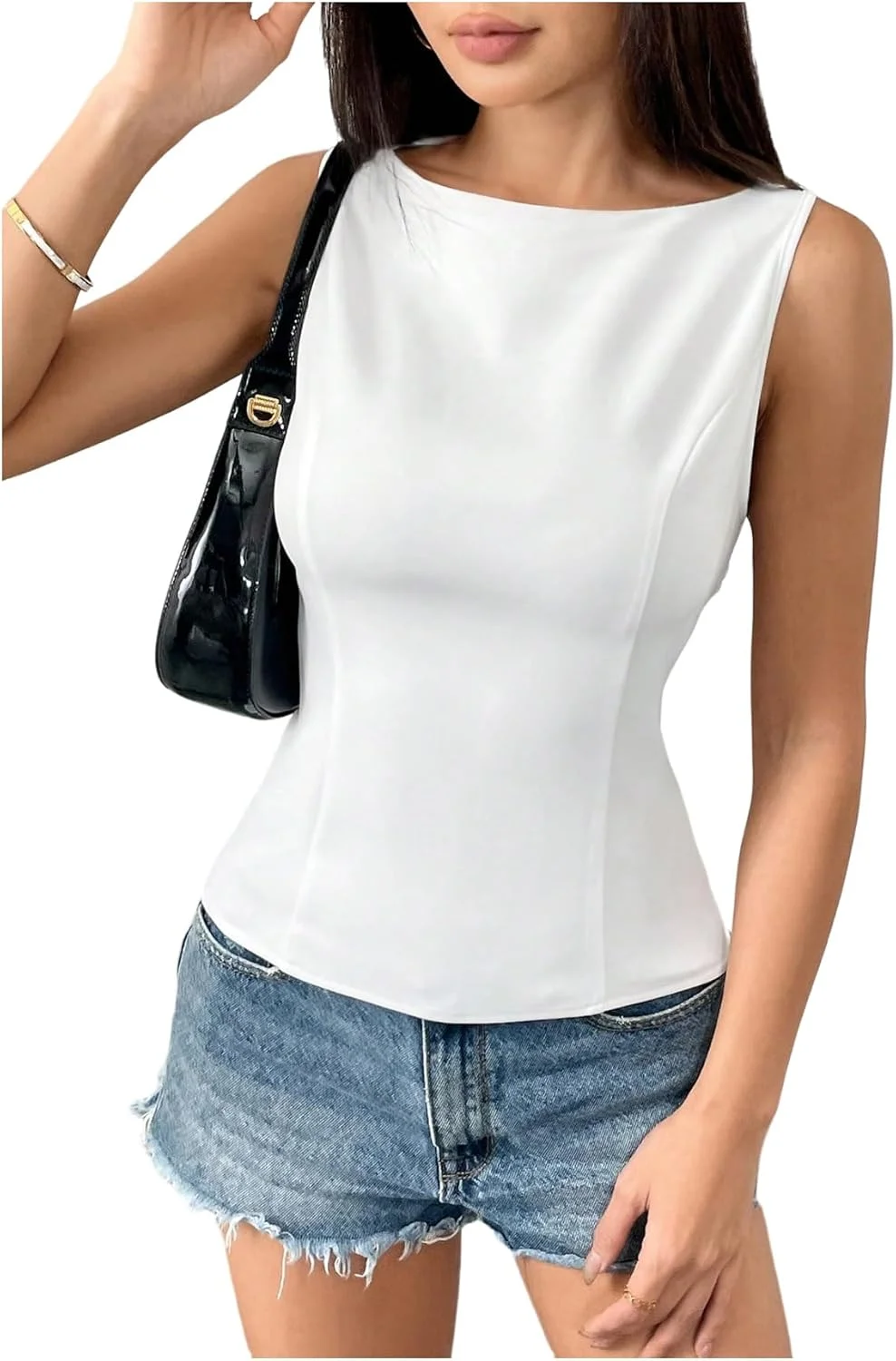 تاپ زنانه GORGLITTER، یقه گرد، بدون آستین، باریک، با گره پاپیونی در پشت