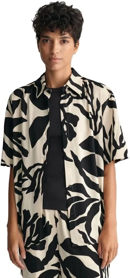 پیراهن آستین کوتاه زنانه گنت با طرح برگ نخل، مدل آزاد