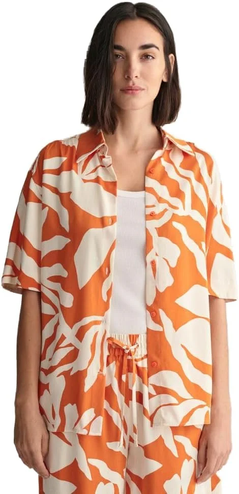 پیراهن آستین کوتاه زنانه گنت با طرح برگ نخل، مدل آزاد