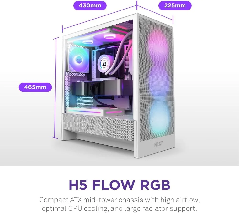 کیس کامپیوتر گیمینگ NZXT H5 Flow RGB 2024 - مید تاور ATX جمع و جور - جریان هوای بالا - شامل F360 RGB Core (CV) - پشتیبانی از رادیاتور 360 میلی‌متری در جلو و 240 میلی‌متری در بالا - مدیریت کابل - شیشه حرارت دیده - سفید