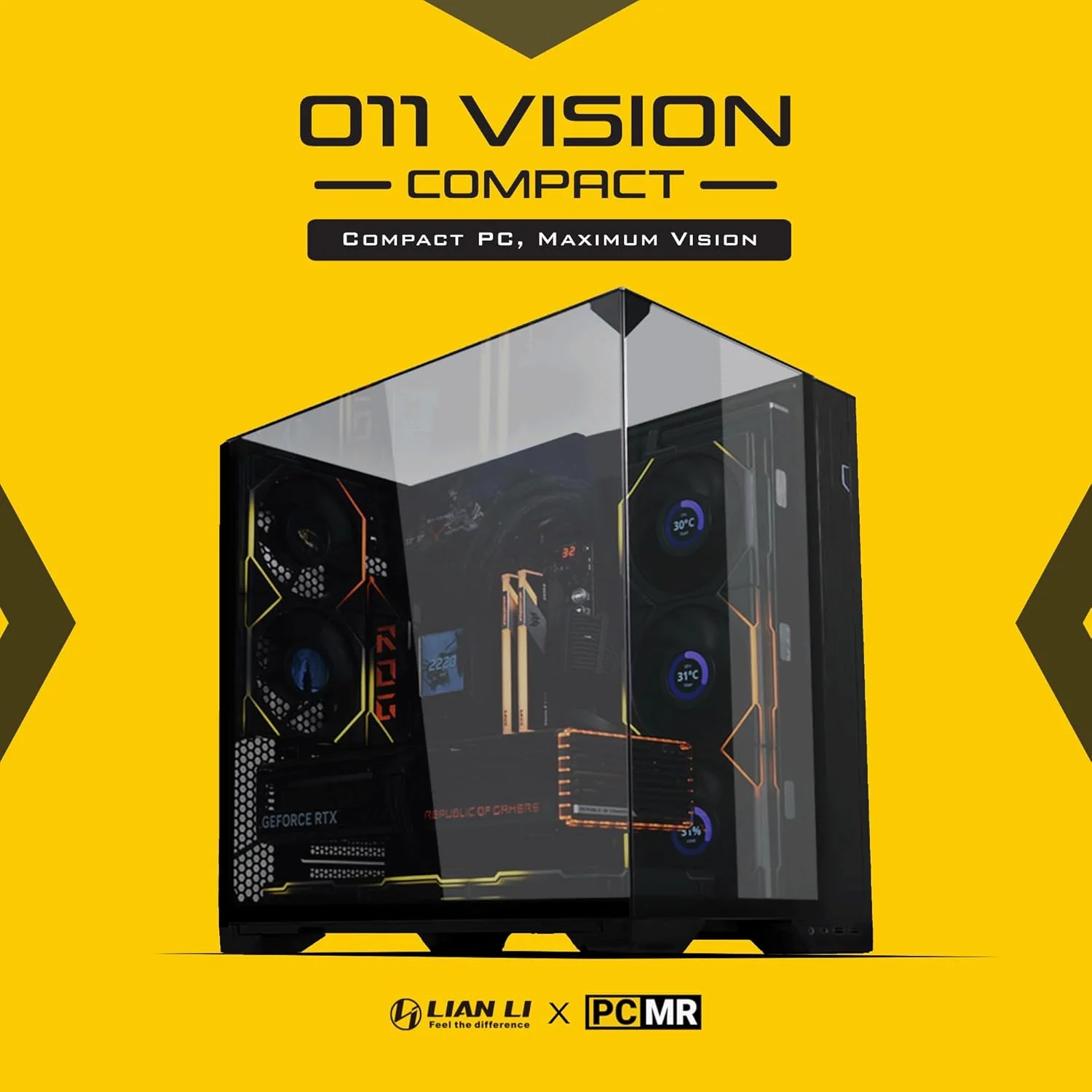 کیس کامپیوتر مید تاور ATX مشکی Lian Li O11 Vision Compact با بدنه فولادی و شیشه حرارت دیده - پشتیبانی از اتصال پشتی - O11VPX