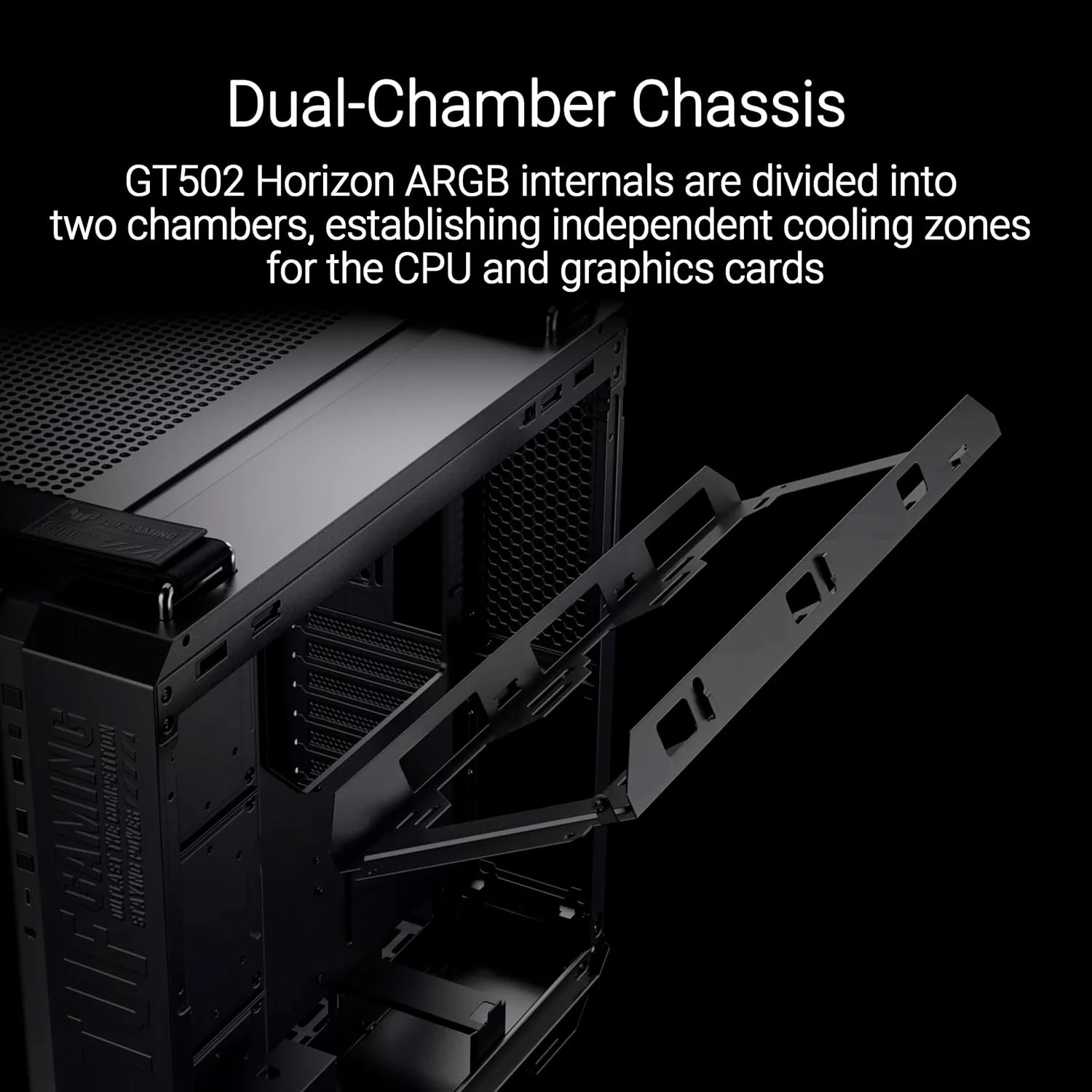 کیس دو محفظه ای گیمینگ ایسوس TUF GT502 Horizon TG ARGB مشکی (طراحی پانوراما، 4 فن ARGB از پیش نصب شده، پنل جلویی USB Type-C پرسرعت، مشکی)