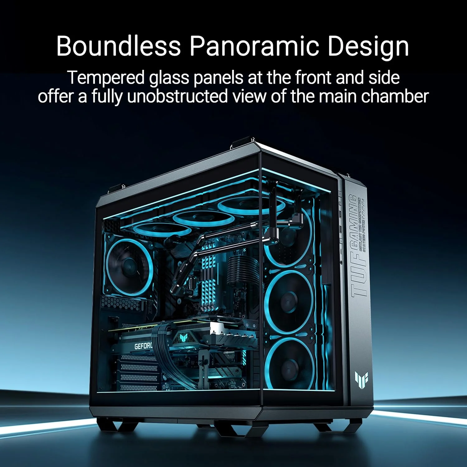 کیس دو محفظه ای گیمینگ ایسوس TUF GT502 Horizon TG ARGB مشکی (طراحی پانوراما، 4 فن ARGB از پیش نصب شده، پنل جلویی USB Type-C پرسرعت، مشکی)