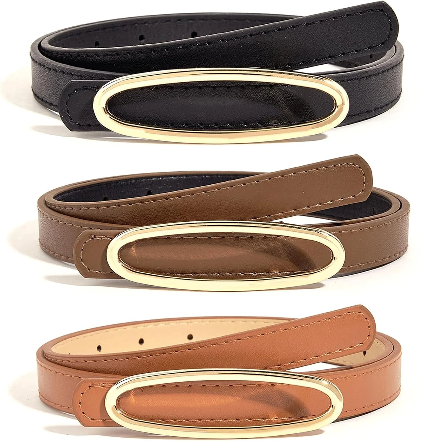 کمربند چرمی مصنوعی باریک زنانه آزون (بسته 3 عددی)، کمربند باریک قابل تنظیم برای لباس و شلوار جین، رنگ ثابت با سگک طلایی، عرض 1.8 سانتی متر، کمربند فشن برای بانوان کمربند چرمی مصنوعی باریک زنانه آزون (بسته 3 عددی)، کمربند باریک قابل تنظیم برای لباس و شلوار جین، رنگ ثابت با سگک طلایی، عرض 1.8 سانتی متر، کمربند فشن برای بانوان