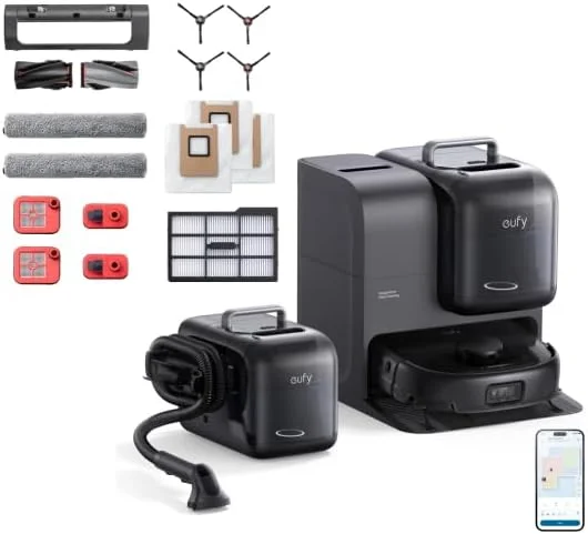 جاروبرقی رباتیک یوفی مدل Omni E28، سیستم HydroJet، تمیز کننده عمیق قابل حمل، مکش توربو، برس های ضد گره خوردگی DuoSpiral، بازوی CornerRover + کیت قطعات تعویضی رسمی برای E28