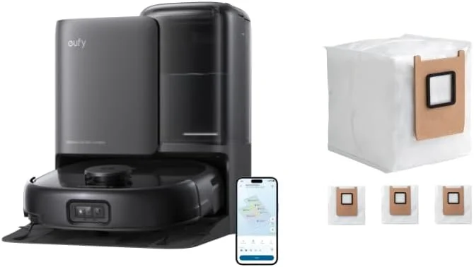 جاروبرقی رباتیک و تی شوی ترکیبی eufy E25 Omni، سیستم HydroJet، مکش توربو 20000Pa، طراحی بدون گره خوردن، تخلیه خودکار و ایستگاه تمیز کننده خودکار همه کاره + کیسه گرد و غبار رسمی * 3