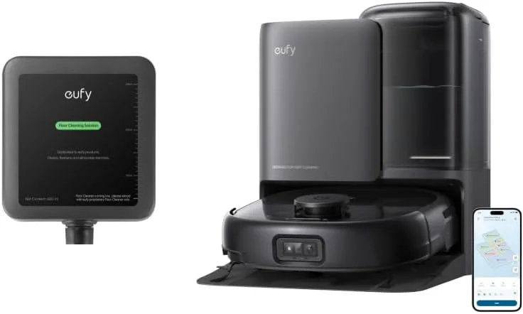 جاروبرقی رباتیک و تی شوی ترکیبی E25 Omni یوفی، سیستم HydroJet، مکش توربو 20000Pa، طراحی بدون گره خوردگی، تخلیه خودکار و ایستگاه تمیز کننده خودکار همه کاره + محلول تمیز کننده کف رسمی *1