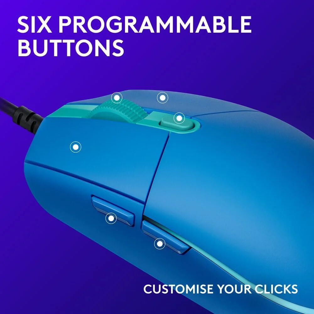 ماوس گیمینگ سیم دار لاجیتک G203 نسل دوم، 8000 DPI، نورپردازی RGB با افکت نوری رنگین کمانی LIGHTSYNC، 6 دکمه قابل برنامه ریزی، حافظه داخلی، Screen Mapping، سازگار با کامپیوتر/مک و لپ تاپ - آبی ماوس گیمینگ سیم دار لاجیتک G203 نسل دوم، 8000 DPI، نورپردازی RGB با افکت نوری رنگین کمانی LIGHTSYNC، 6 دکمه قابل برنامه ریزی، حافظه داخلی، Screen Mapping، سازگار با کامپیوتر/مک و لپ تاپ - آبی