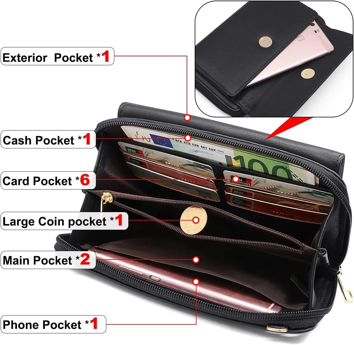 کیف موبایل لمسی، کیف کراس بادی زنانه، کیف پول مسدود کننده RFID، کیف دوشی کراس بادی، کیف دستی مچی با بند شانه و مچ، مناسب برای گوشی های زیر 6.9 اینچ (مشکی)