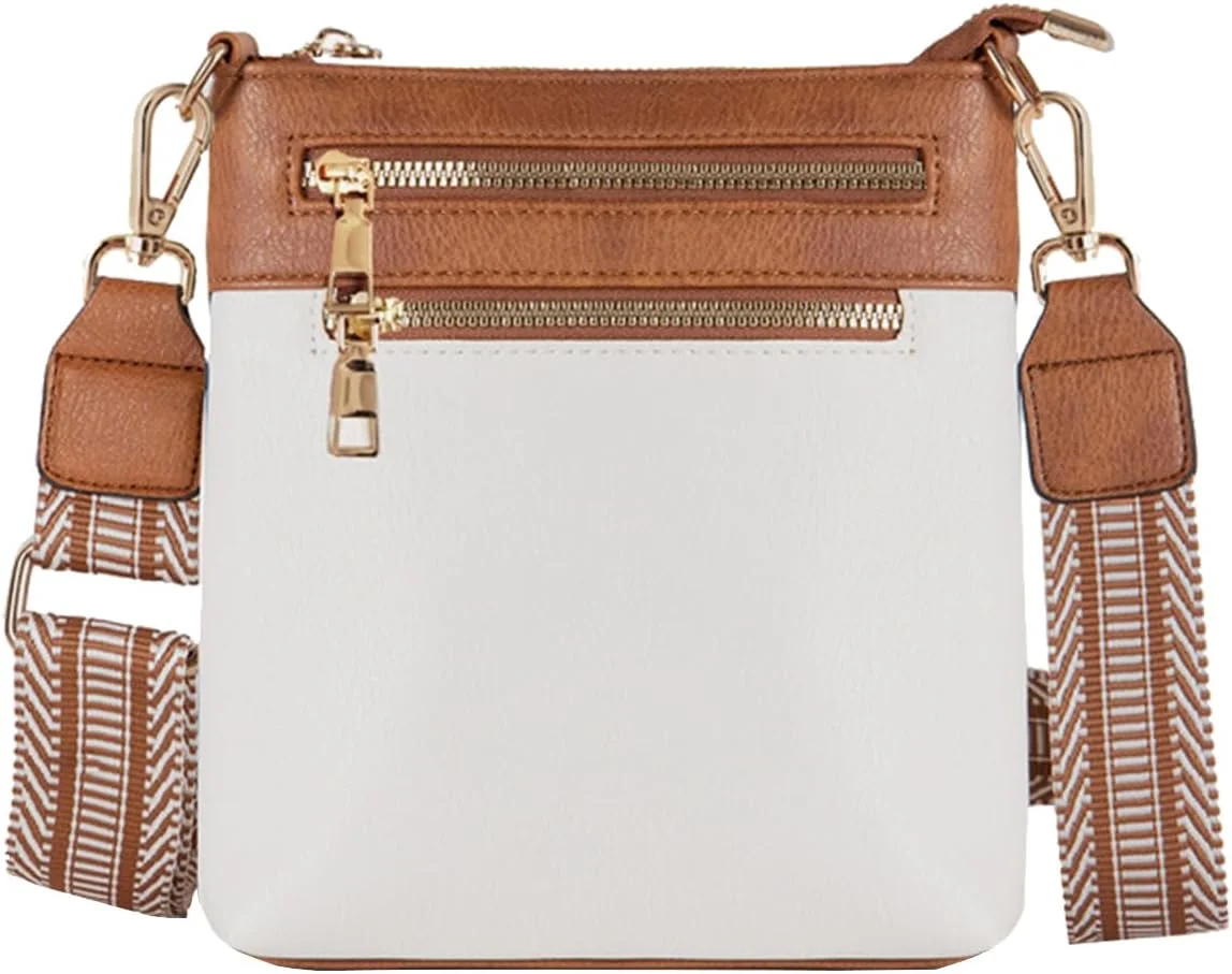 کیف دوشی چرمی زنانه Tiny-Trees® - کیف بزرگ تلفن همراه با کیف پول، ضد آب برای مسافرت و عبا، بند بلند قابل تنظیم (سفید کرمی/قهوه ای شاه بلوطی)