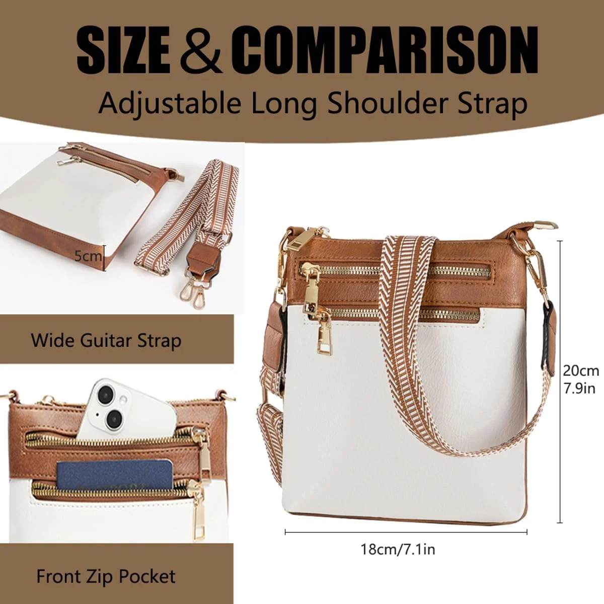 کیف دوشی چرمی زنانه Tiny-Trees® - کیف بزرگ تلفن همراه با کیف پول، ضد آب برای مسافرت و عبا، بند بلند قابل تنظیم (سفید کرمی/قهوه ای شاه بلوطی)
