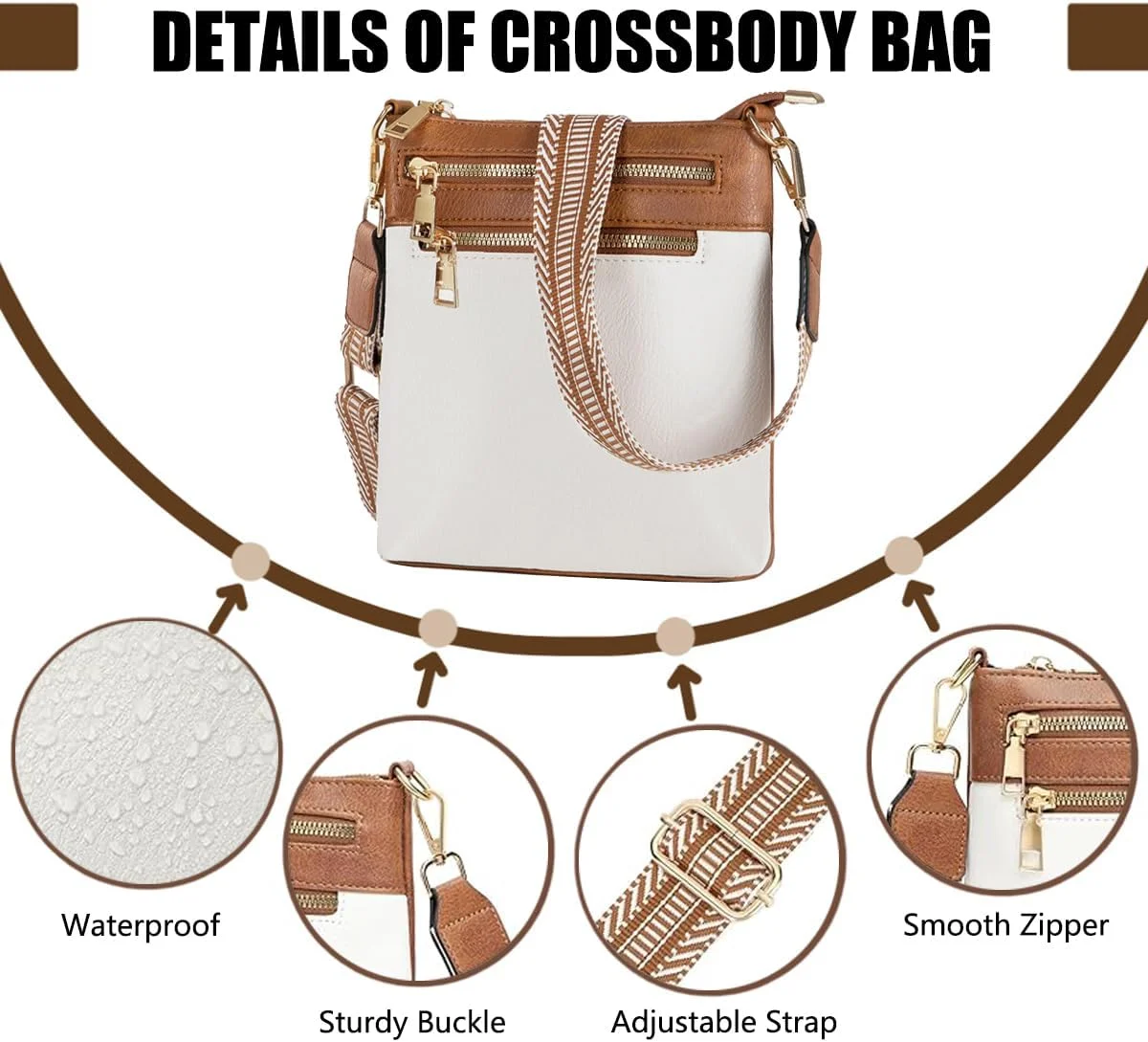 کیف دوشی چرمی زنانه Tiny-Trees® - کیف بزرگ تلفن همراه با کیف پول، ضد آب برای مسافرت و عبا، بند بلند قابل تنظیم (سفید کرمی/قهوه ای شاه بلوطی)