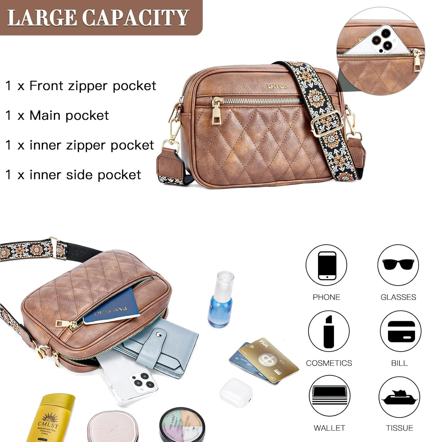 کیف های کراس بادی تلنا زنانه، کیف کراس بادی لحافی مد روز، کیف دوربین چرمی با بند شانه پهن
