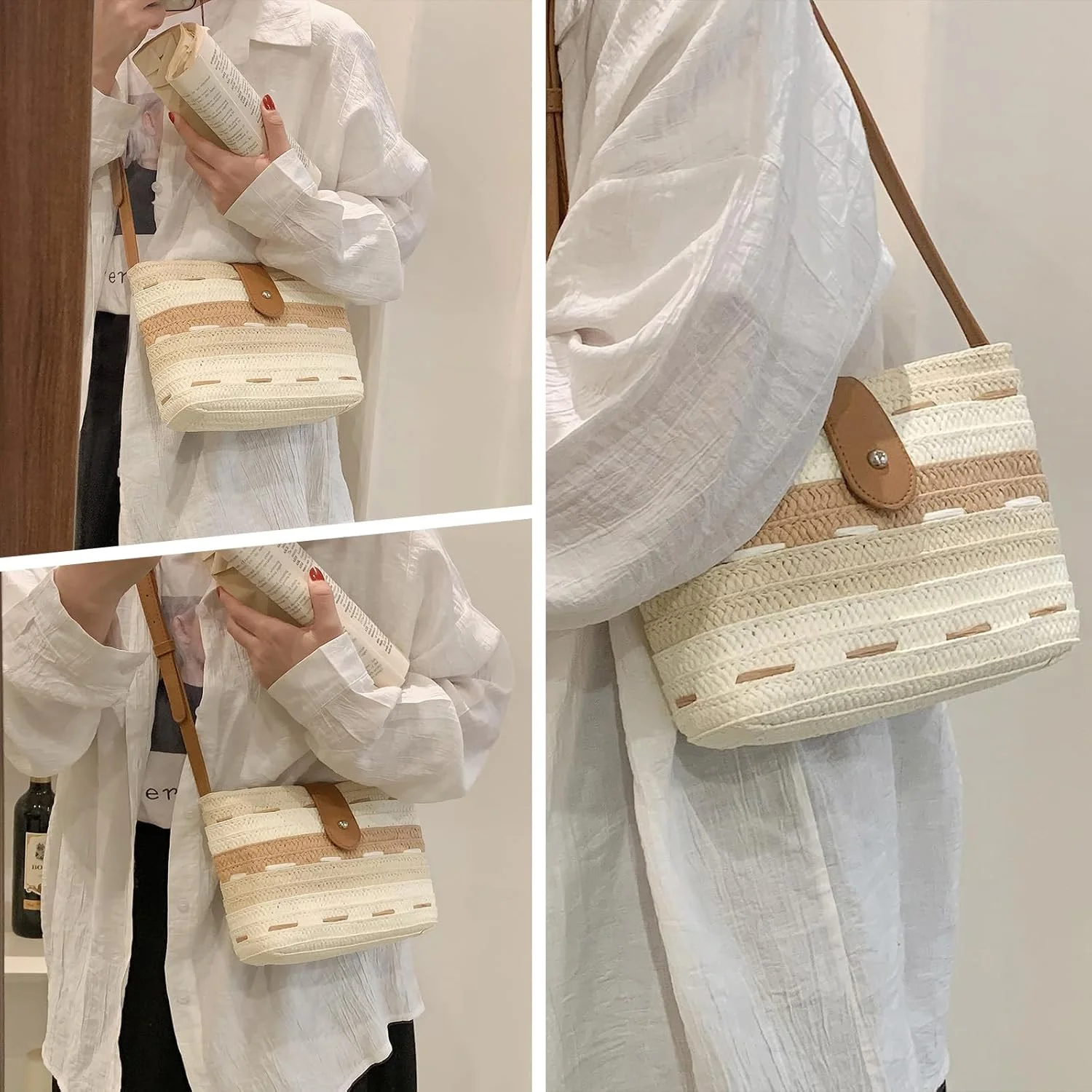 کیف حصیری زنانه، کیف دستی حصیری تابستانی، کیف پاکتی ساحلی دست بافت با آویز منگوله