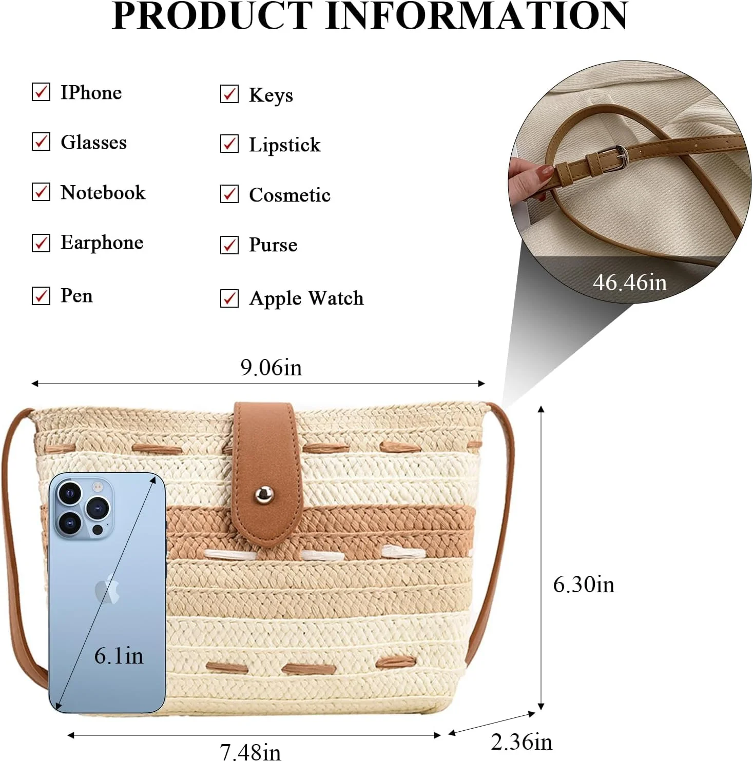 کیف حصیری زنانه، کیف دستی حصیری تابستانی، کیف پاکتی ساحلی دست بافت با آویز منگوله