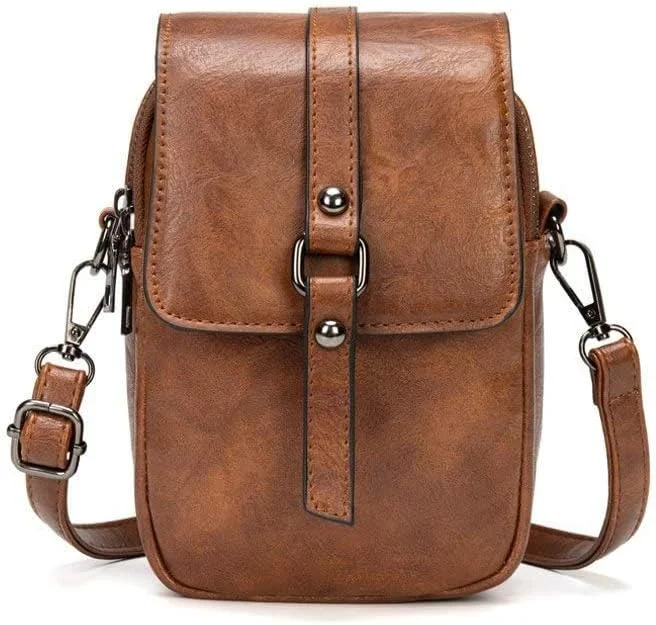 کیف دوشی تلفن همراه زنانه Tazweeq طرح قدیمی، کیف دستی و کیف دوشی چرمی کوچک، کیف تلفن همراه با جای کارت و بند مچی (قهوه ای تیره)