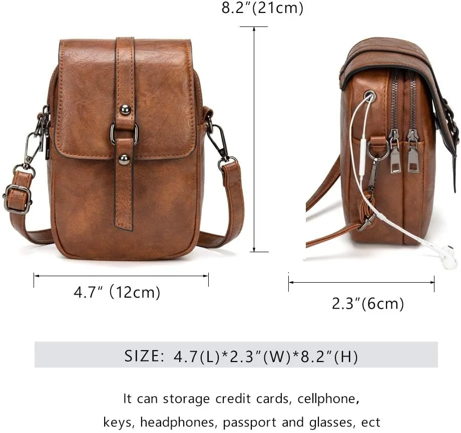 کیف دوشی تلفن همراه زنانه Tazweeq طرح قدیمی، کیف دستی و کیف دوشی چرمی کوچک، کیف تلفن همراه با جای کارت و بند مچی (قهوه ای تیره)