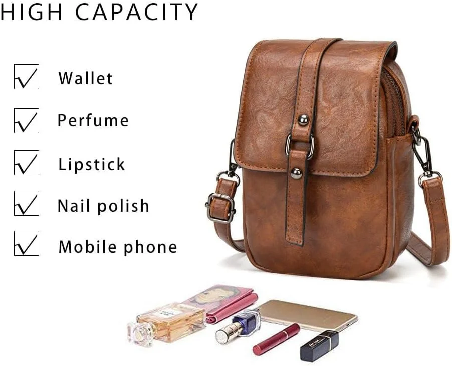 کیف دوشی تلفن همراه زنانه Tazweeq طرح قدیمی، کیف دستی و کیف دوشی چرمی کوچک، کیف تلفن همراه با جای کارت و بند مچی (قهوه ای تیره)