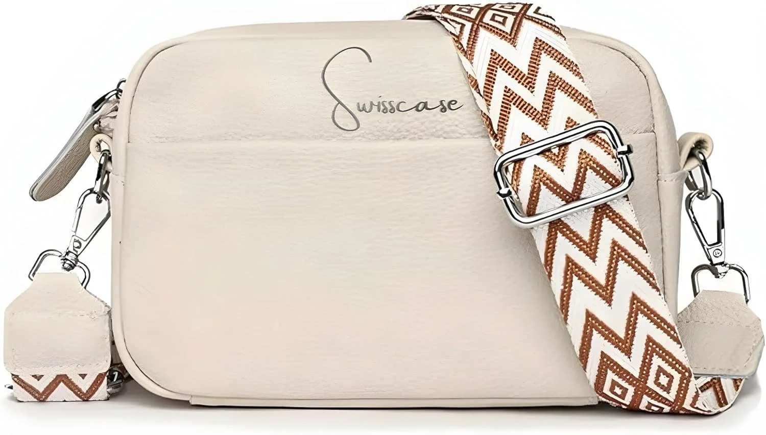 کیف دوشی چرمی SwissCase با بند ضربدری و طرح جناغی، کیف شانه ای بژ با زیپ بالایی، سایز M