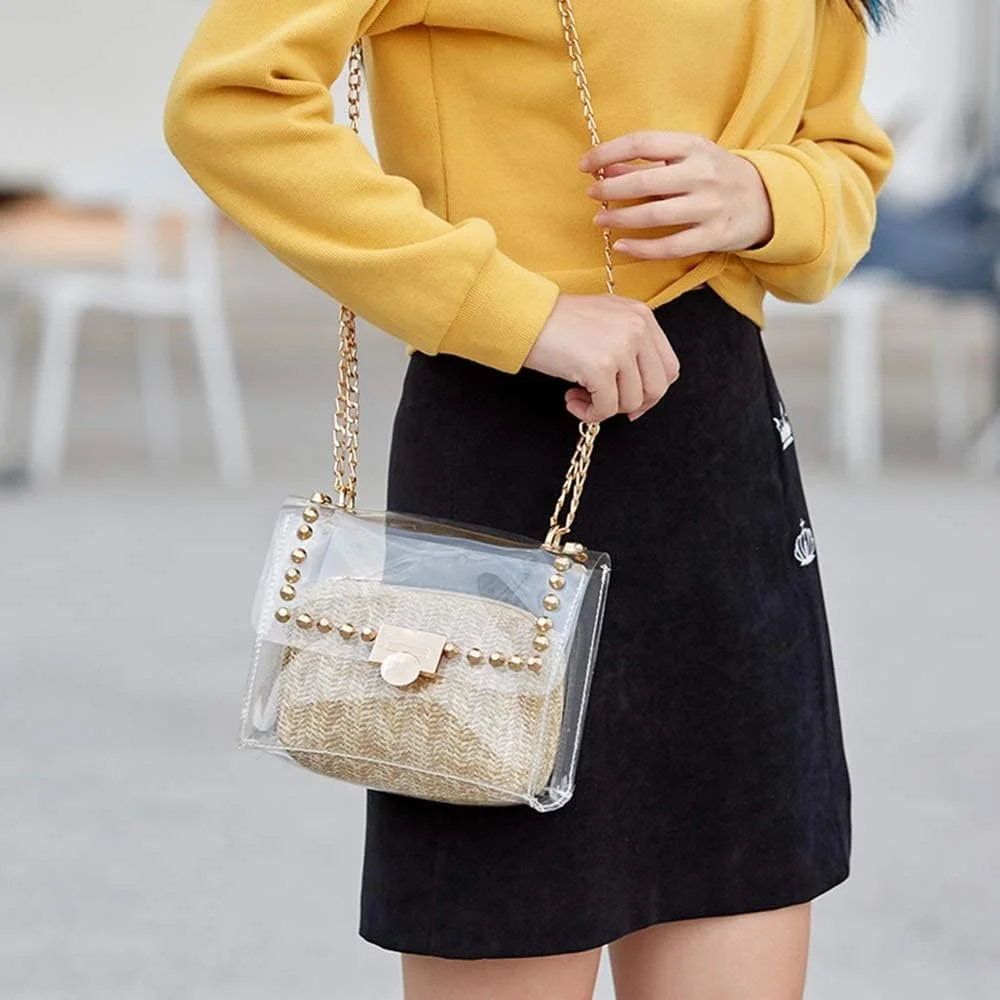 کیف دستی شفاف زنانه SYOSI مدل 2 در 1، کیف کلاچ شفاف، کیف رودوشی گل میخ دار شفاف، کیف رودوشی شفاف با کیف حصیری، کیف دستی شانه ای زیبا
