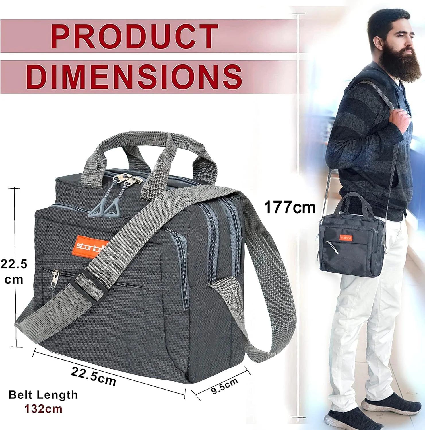 کیف دوشی یک طرفه کوچک نایلونی استوریت، مناسب سفر، کار، و استفاده روزمره برای آقایان و بانوان (22.5cm x 9.5cm x 22.5 cm، خاکستری تیره)