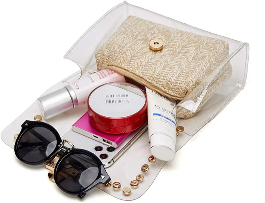 کیف دستی شفاف زنانه SYOSI مدل 2 در 1، کیف کلاچ شفاف، کیف رودوشی گل میخ دار شفاف، کیف رودوشی شفاف با کیف حصیری، کیف دستی شانه ای زیبا