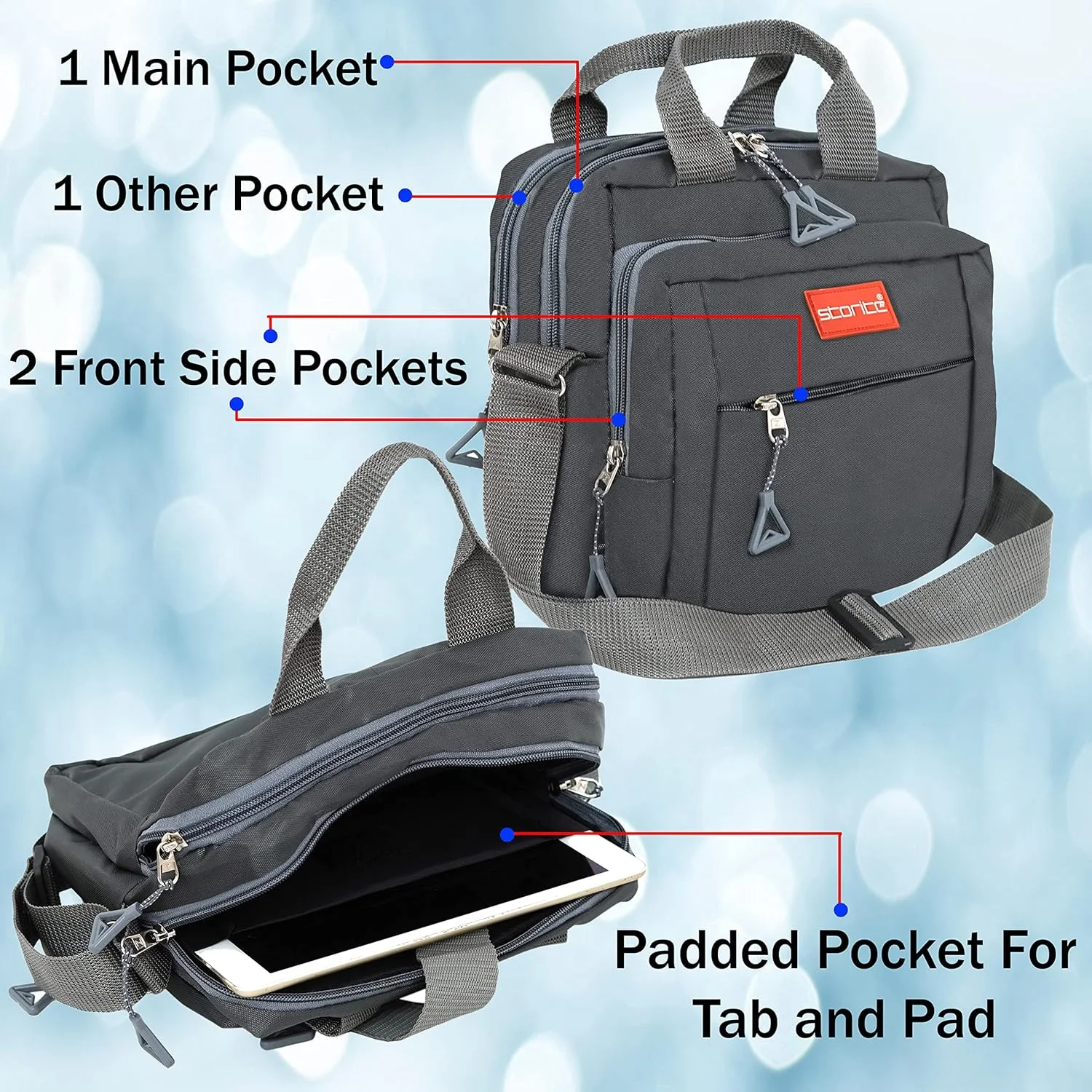 کیف دوشی یک طرفه کوچک نایلونی استوریت، مناسب سفر، کار، و استفاده روزمره برای آقایان و بانوان (22.5cm x 9.5cm x 22.5 cm، خاکستری تیره)