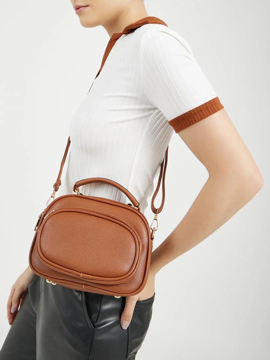 کیف دوشی زنانه استایلی با دسته بالایی، سایز واحد، قهوه ای