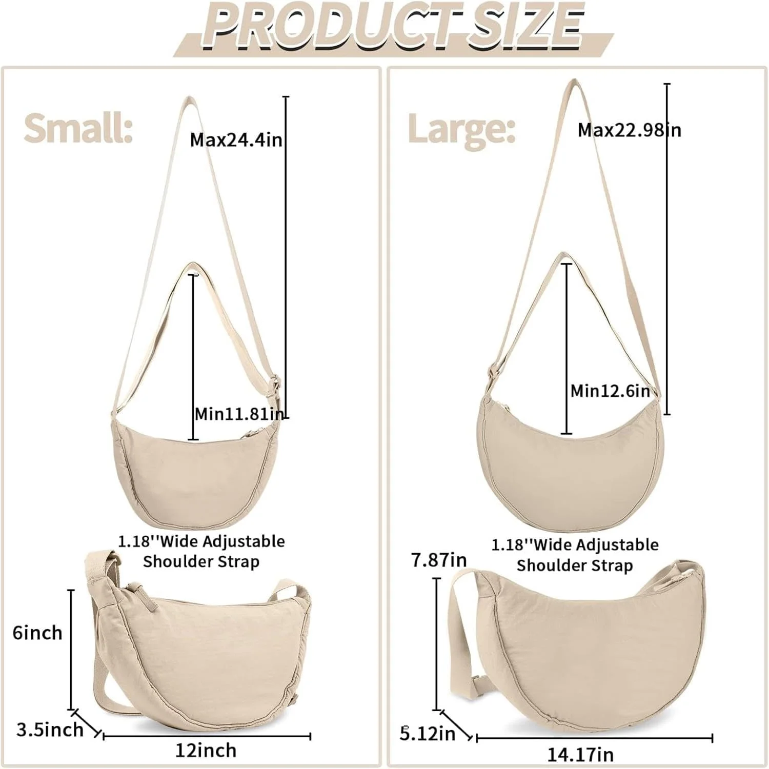 کیف دوشی هلالی نایلونی STAYOUNG، 2 عددی - کیف دوشی برای خانم ها و آقایان، کیف شانه ای کوچک مد روز، کیف دامپلینگ، کیف دستی غیر رسمی، بند قابل تنظیم (مشکی + بژ)