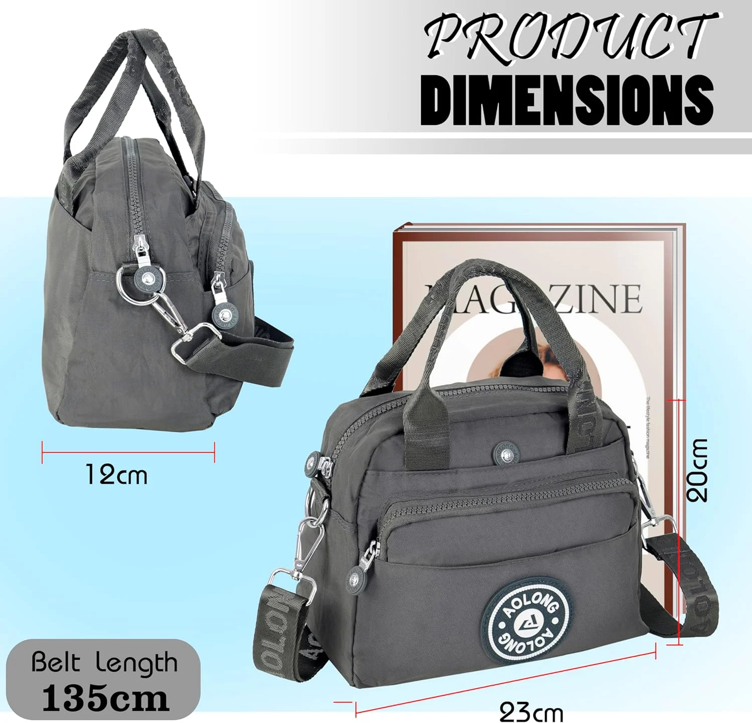 کیف دستی زنانه استوریت نایلونی، کیف سبک دوشی، کیف دستی قابل حمل با جیب داخلی پد دار و بند قابل تنظیم - (خاکستری، 23 x 20 x 12 سانتی متر)