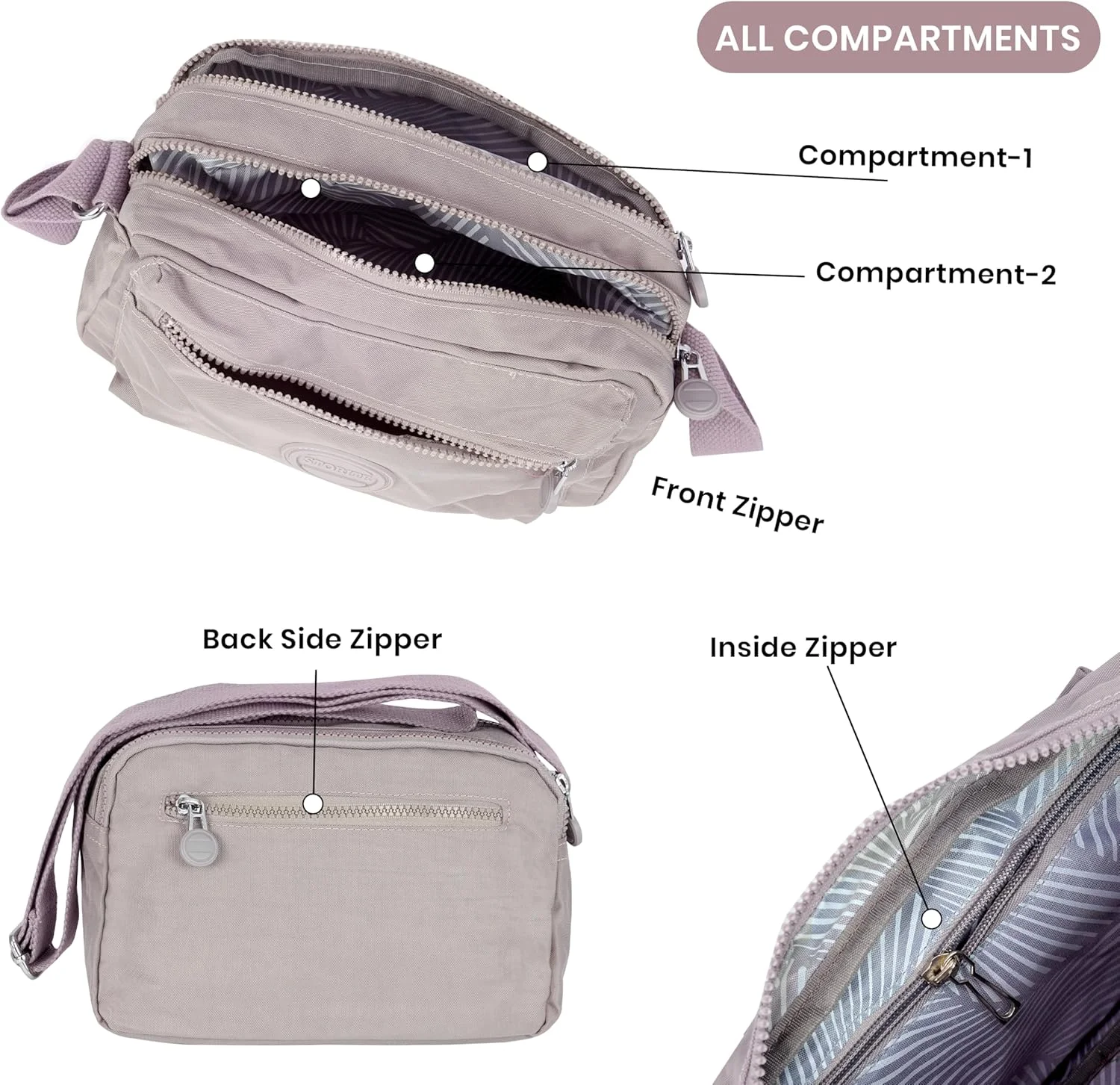 کیف دوشی کوچک زنانه Storite | کیف کمری نایلونی بنفش روشن | کیف دستی چند جیبه برای استفاده روزانه، مسافرت و دانشگاه - 22x9x15 سانتی متر (طولxعرضxارتفاع)